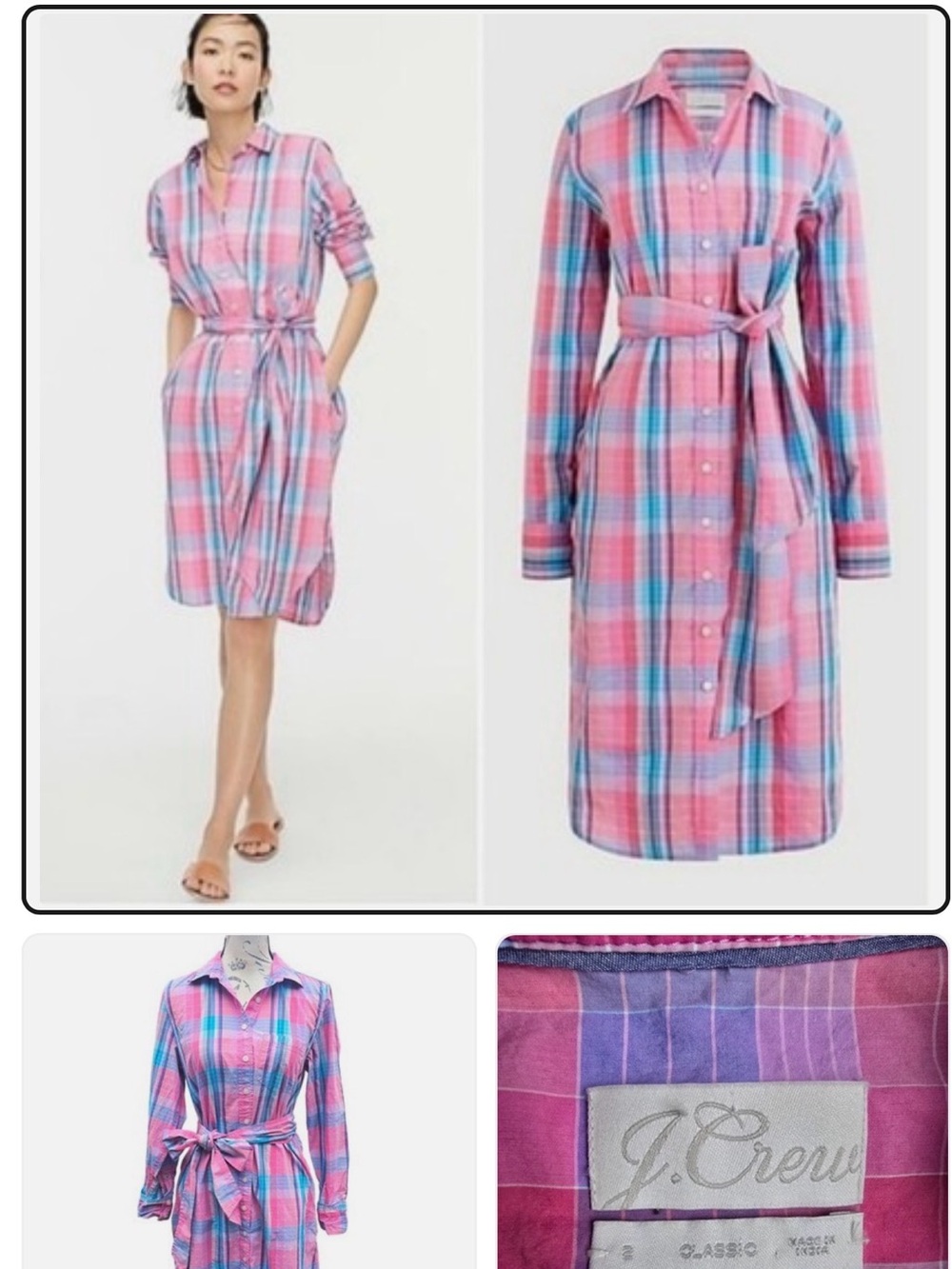 J. Crew Pink and Blue Plaid Tie-Waist Shirt Dress